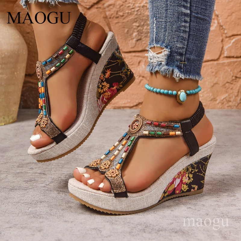 Ethnic Boho Fashion - Sandali con Zeppa Floreali Boho da